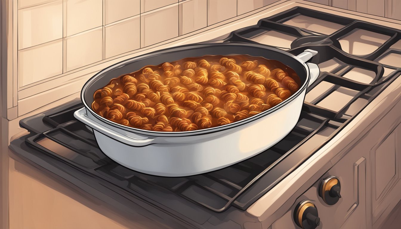 A baking dish of goulash sits in the oven, the warm glow of the heat emanating from the coils, steam rising from the rich, savory stew