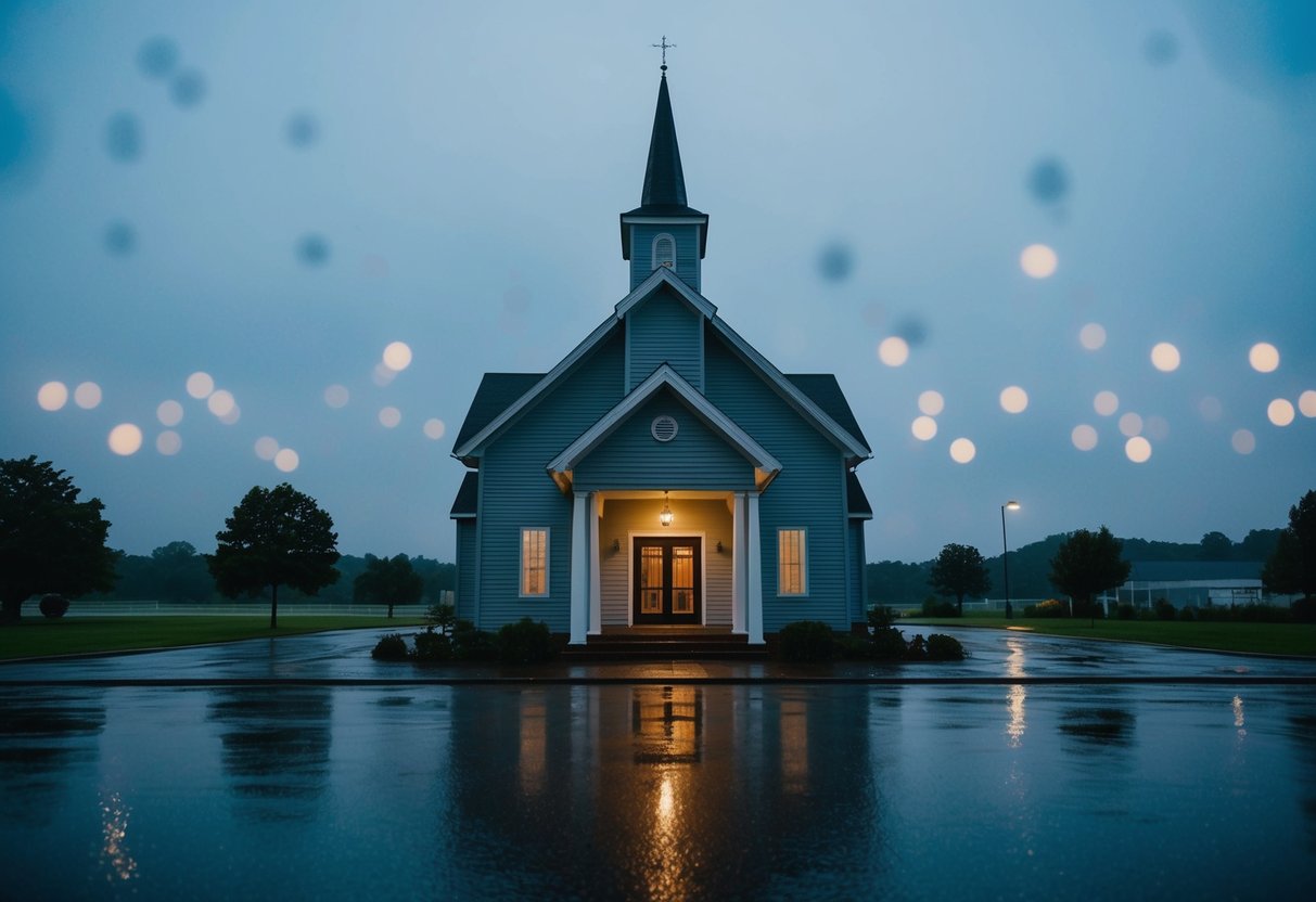 A deserted, dimly lit wedding chapel on a rainy Tuesday evening