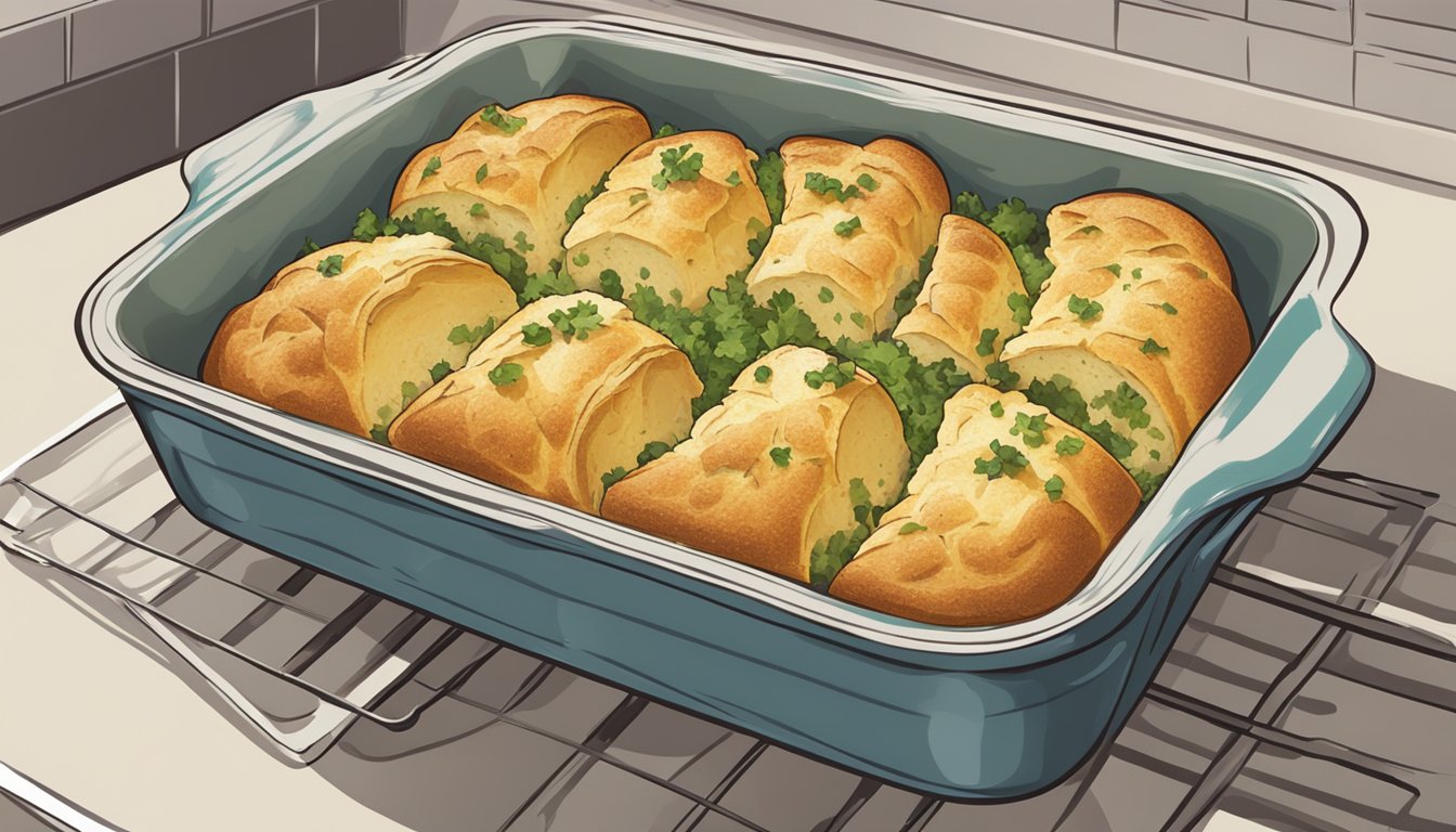 Garlic pull apart bread in a baking dish, being reheated in the oven