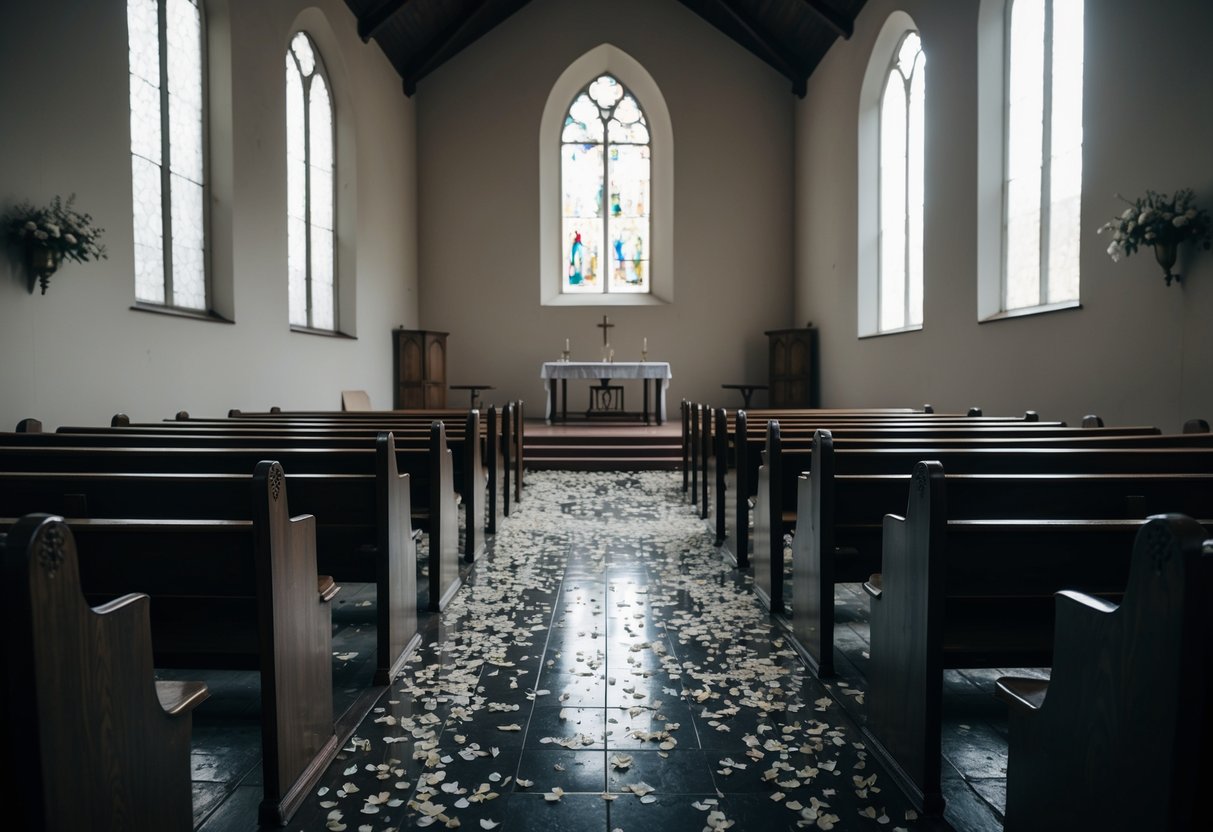 A deserted church on a rainy Monday, with empty pews and scattered flower petals