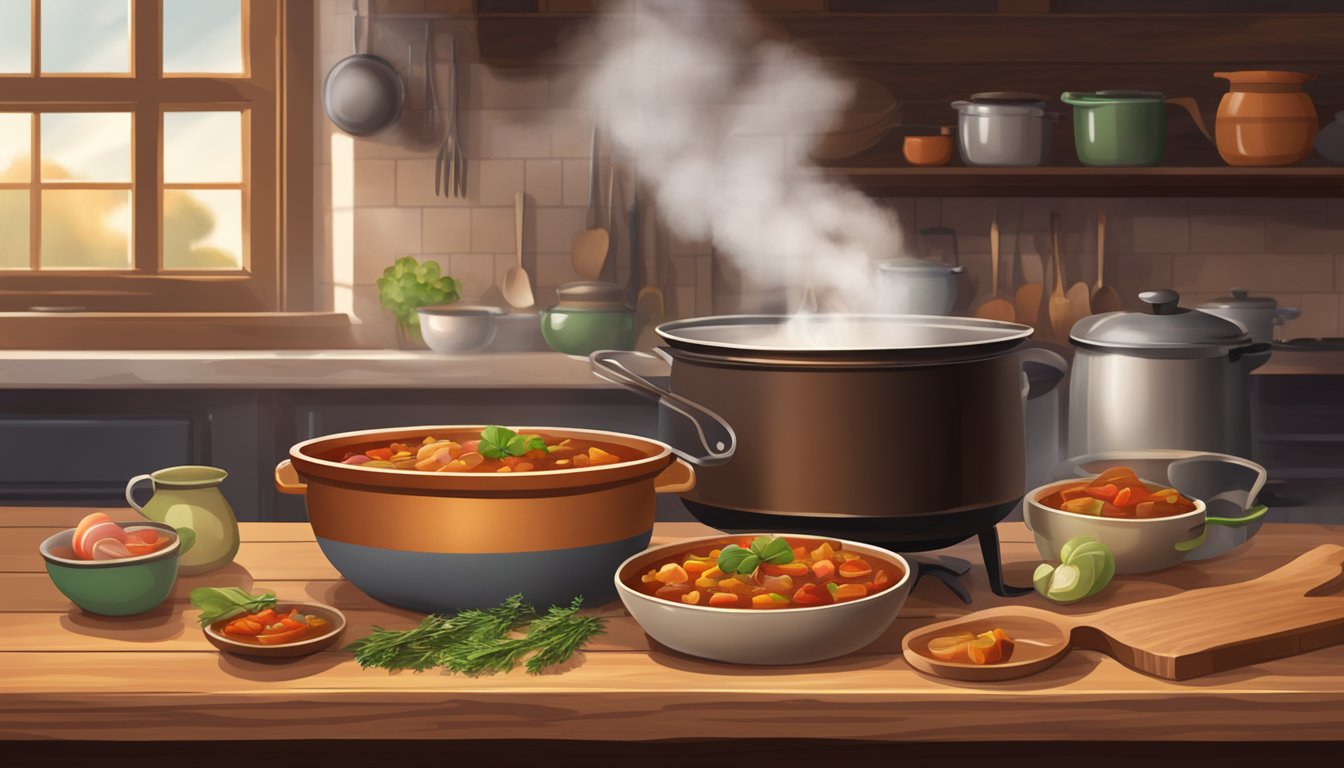 A steaming bowl of goulash sits on a rustic wooden table, surrounded by a cozy kitchen with a pot and ladle nearby