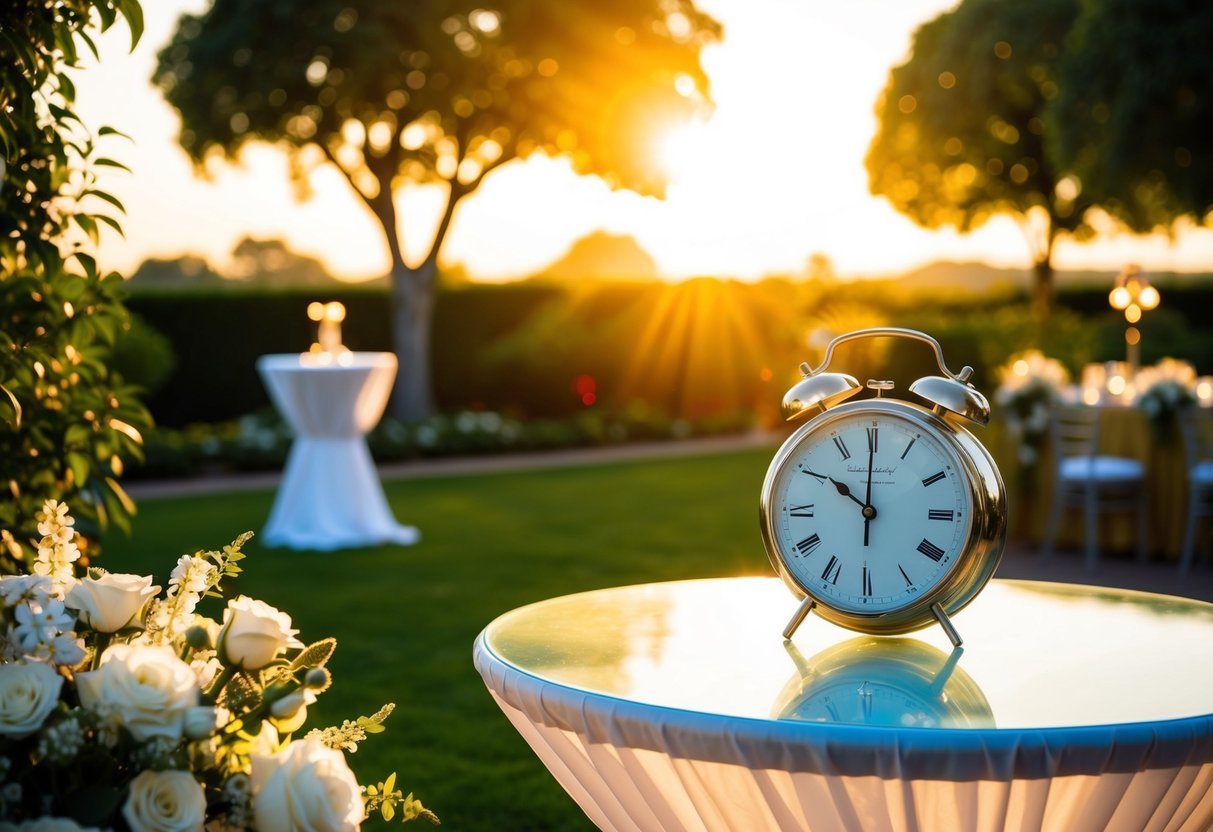 The sun rises over a serene garden, casting a warm glow on the blooming flowers and elegant decorations. A clock on a nearby table shows the time, indicating the impending start of the wedding ceremony