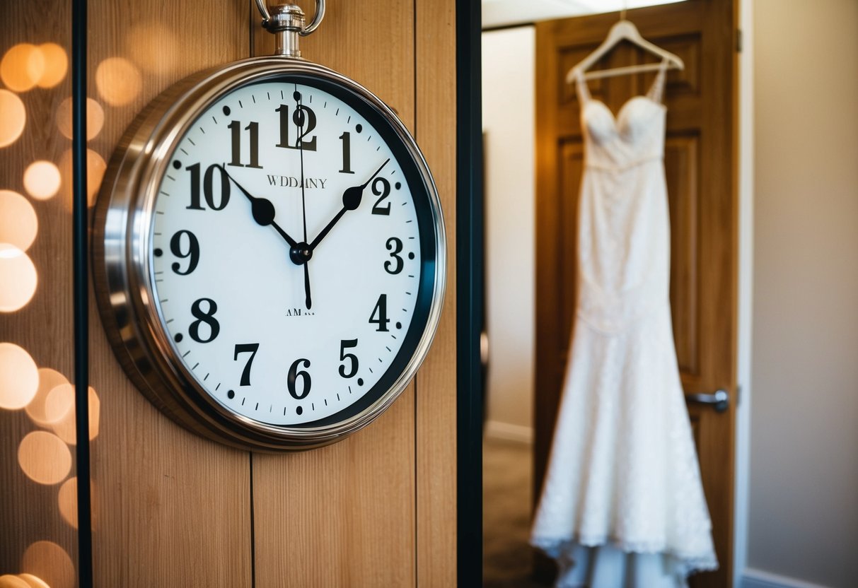 A clock set to 10:00 AM with a wedding dress hanging nearby