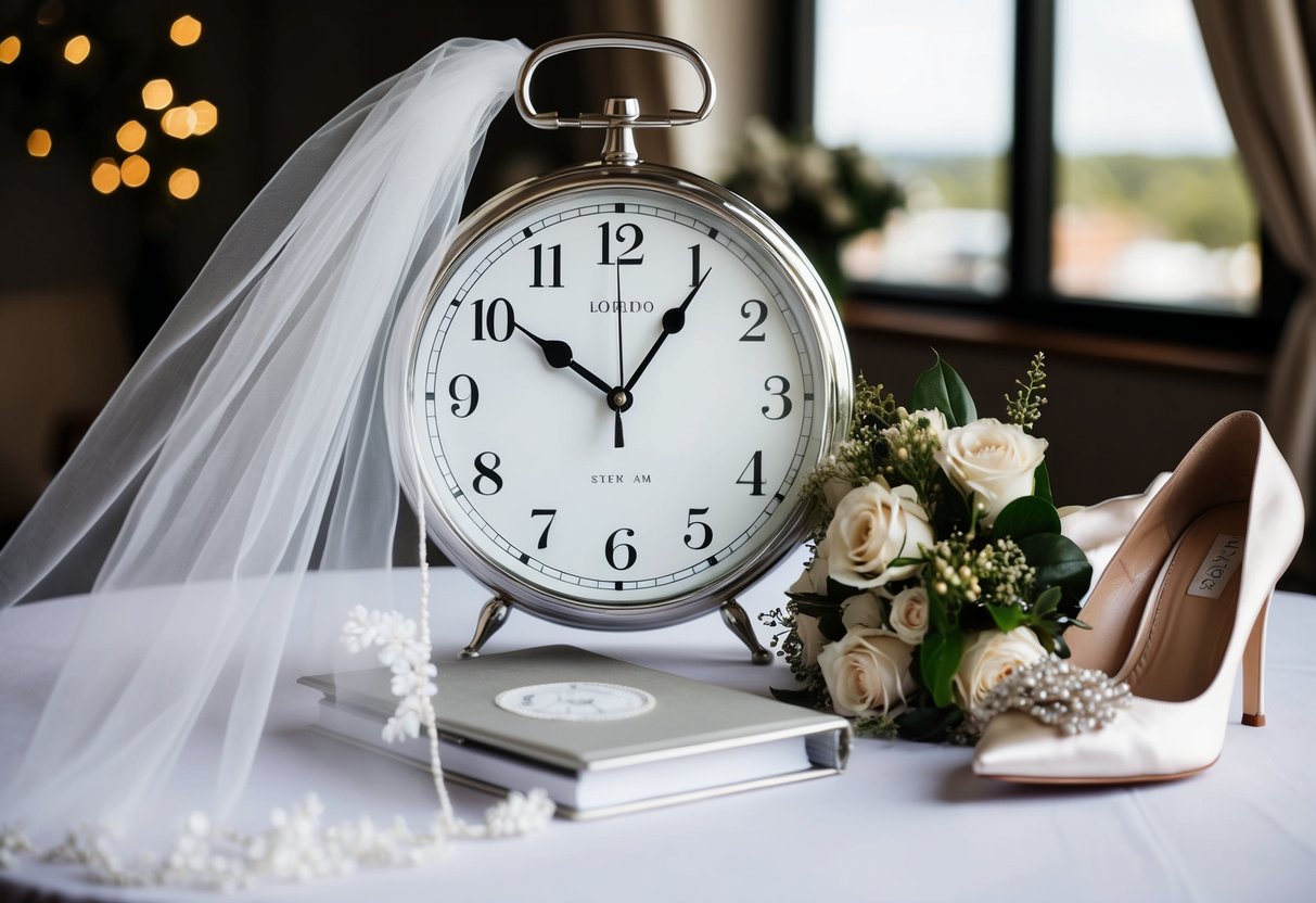 A clock set to 10:00 am, surrounded by a bridal veil, bouquet, and a pair of elegant shoes on a table