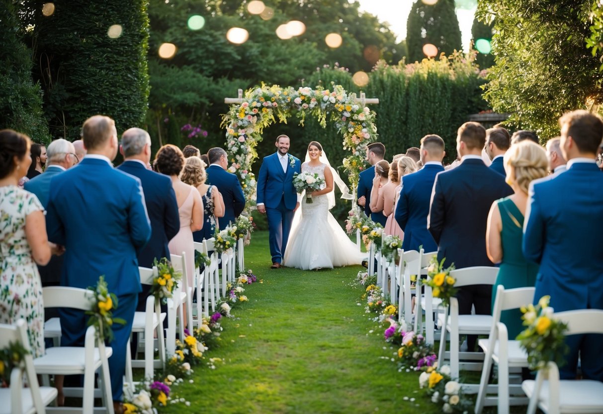 A 100-person wedding fills a cozy outdoor garden with rows of white chairs, a flower-adorned arch, and colorful decorations