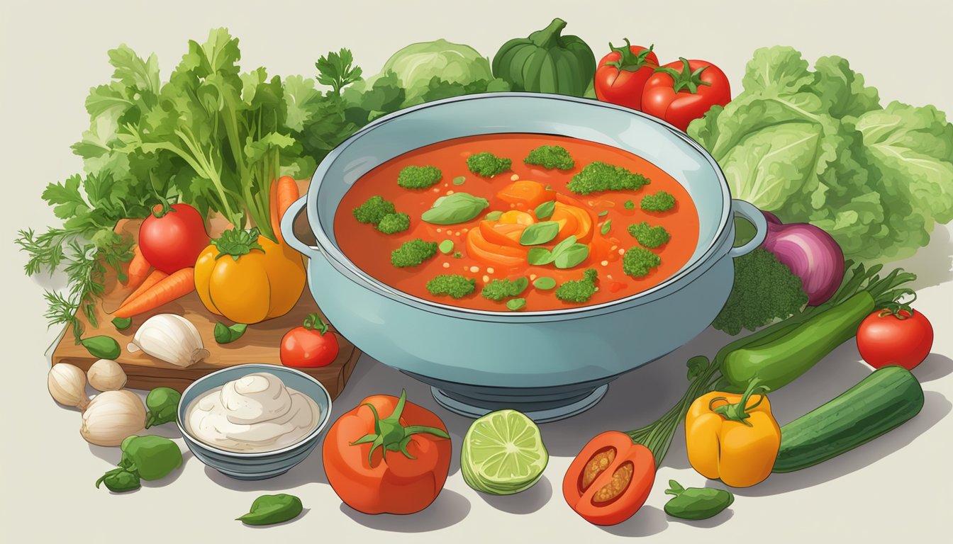 A colorful array of fresh vegetables and herbs arranged around a bowl of gazpacho, with a steaming pot in the background