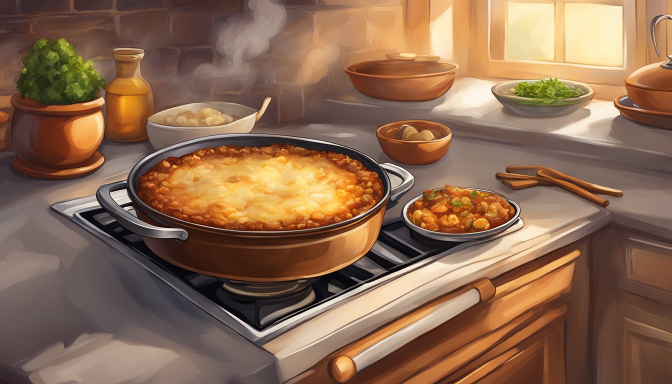 A steaming dish of moussaka sits in a traditional Greek kitchen, surrounded by the warm glow of the oven and the aroma of savory spices