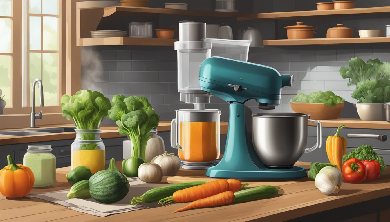 A rustic kitchen with fresh vegetables, a blender, and a steaming pot on the stove