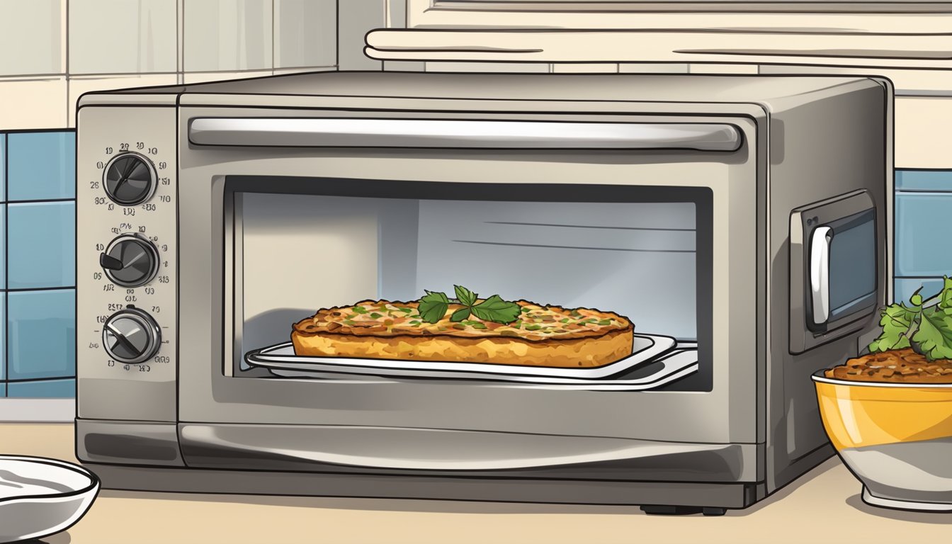 A microwave with a plate of greek moussaka inside, a fork resting on the plate, and a timer set for reheating