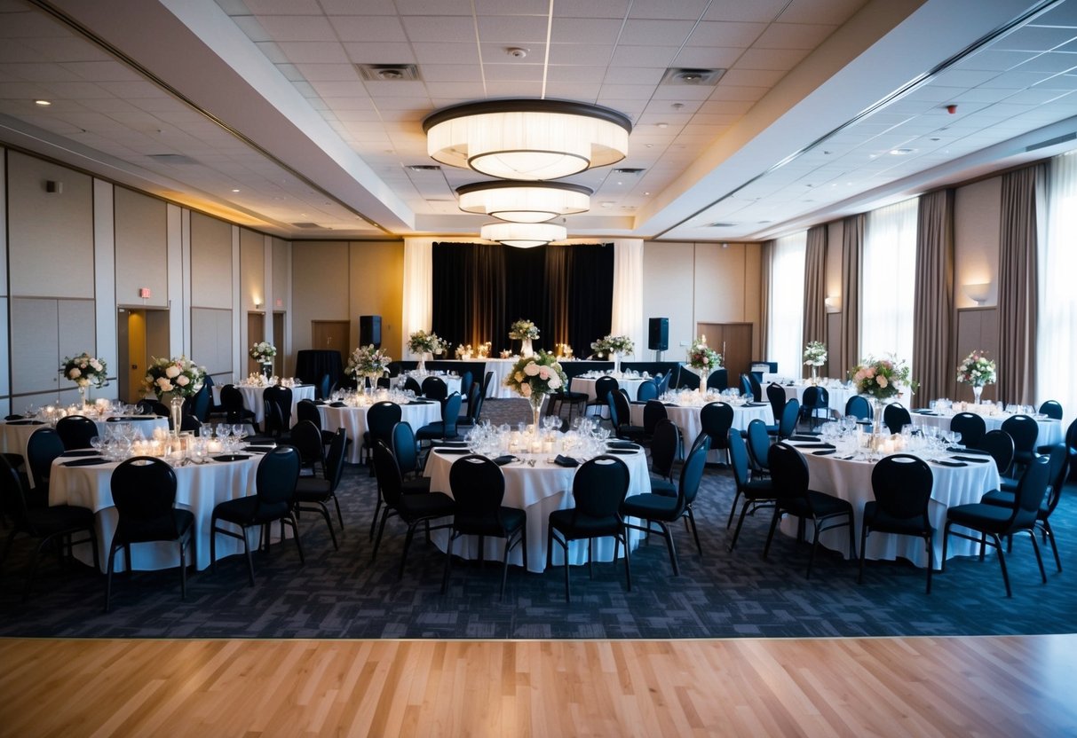 A banquet hall with 10 round tables, each set for 10 guests. A dance floor and stage at the front. Floral centerpieces and soft lighting