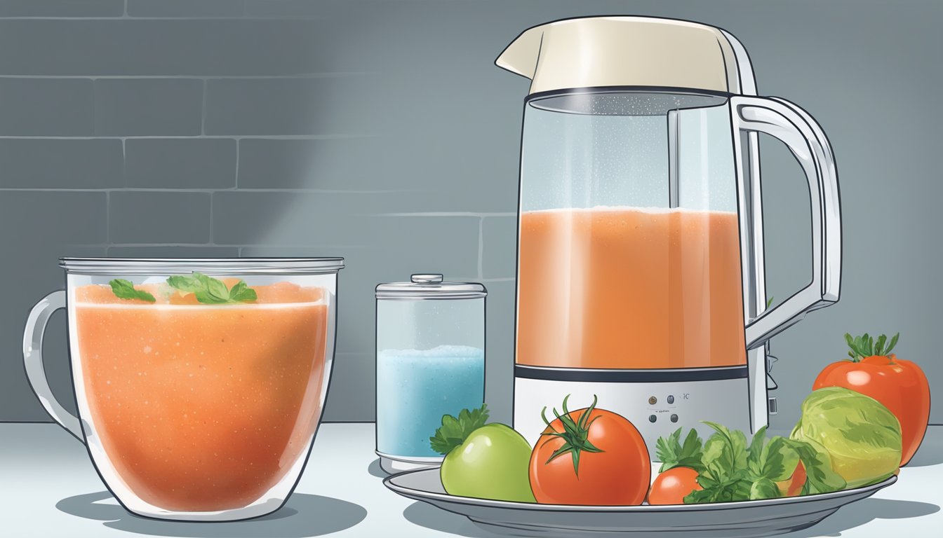 A pitcher of gazpacho sits in the fridge, condensation forming on the glass. A small bowl of gazpacho is being microwaved