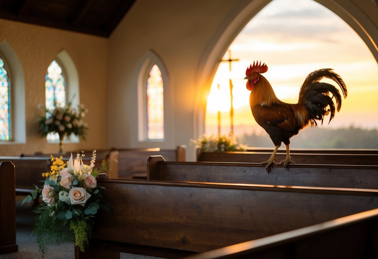 A rooster crows as the sun rises over a quaint chapel, casting a warm glow on the empty pews and floral arrangements