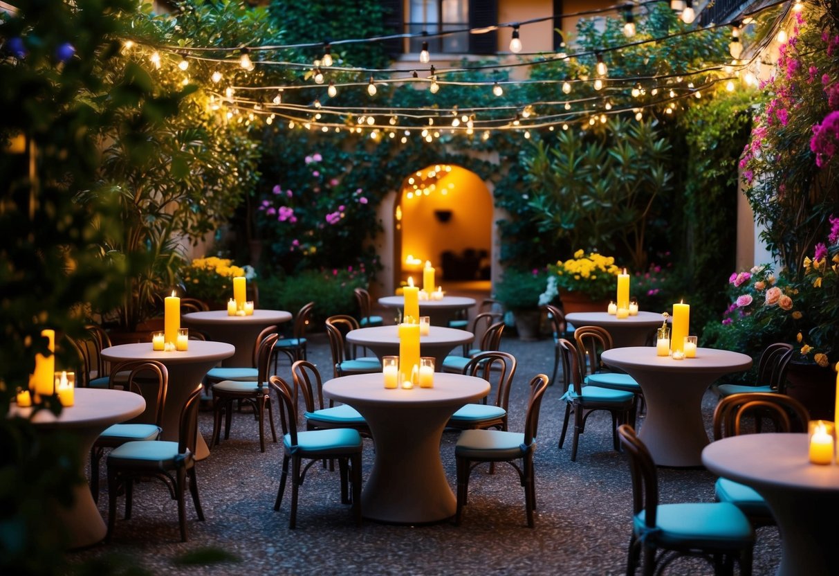 A cozy, candlelit courtyard filled with small, round tables and twinkling string lights, surrounded by lush greenery and colorful blooms