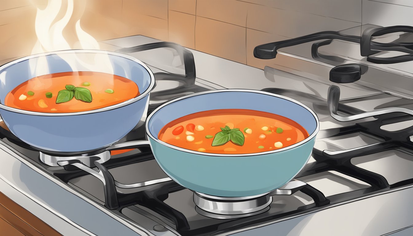 A bowl of gazpacho being gently heated over a low flame on a stovetop