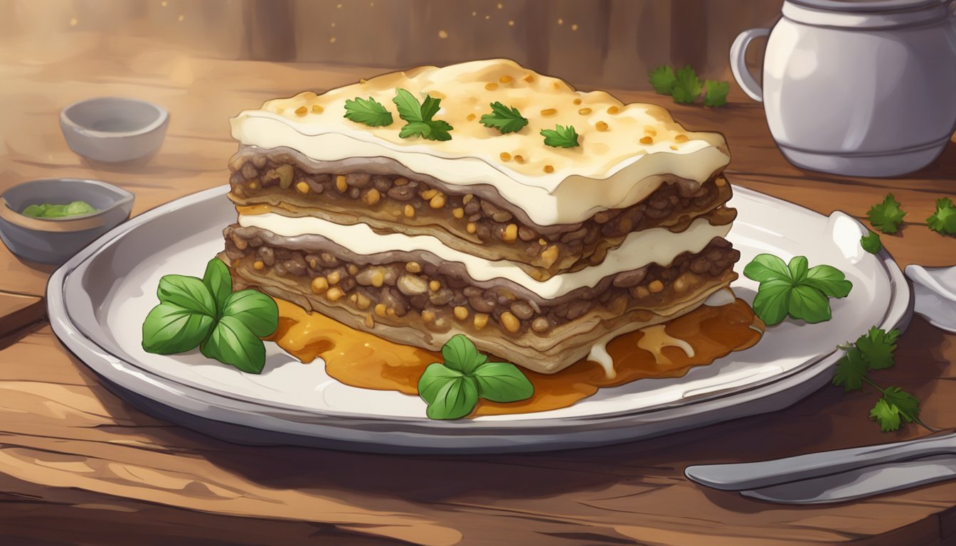 A plate of reheated moussaka sits on a rustic wooden table, steam rising from the rich layers of eggplant, meat, and creamy bechamel sauce