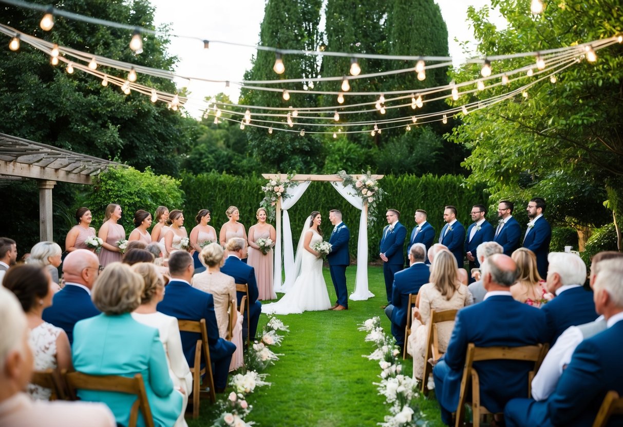 A small wedding with 100 guests in a cozy outdoor garden setting, with a beautiful archway and string lights overhead