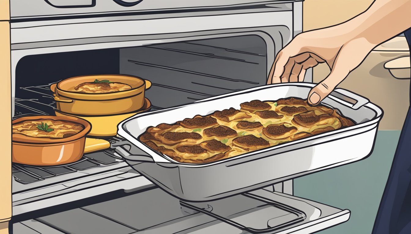 A person placing a dish of Greek moussaka into a preheated oven, using oven mitts to carefully handle the hot dish