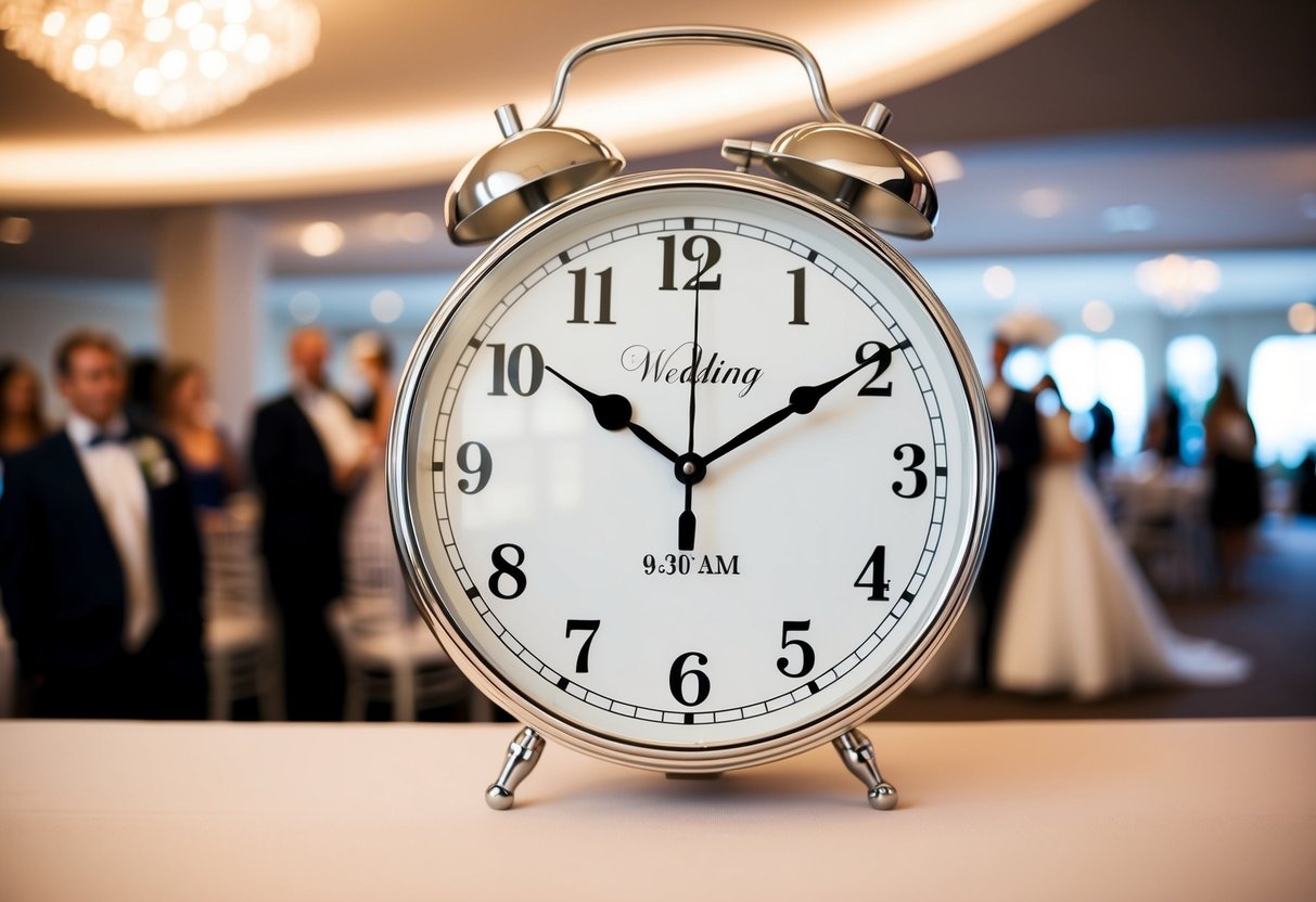 A clock showing the time of 9:30 am with a wedding venue in the background, indicating the concept of arriving early for a wedding