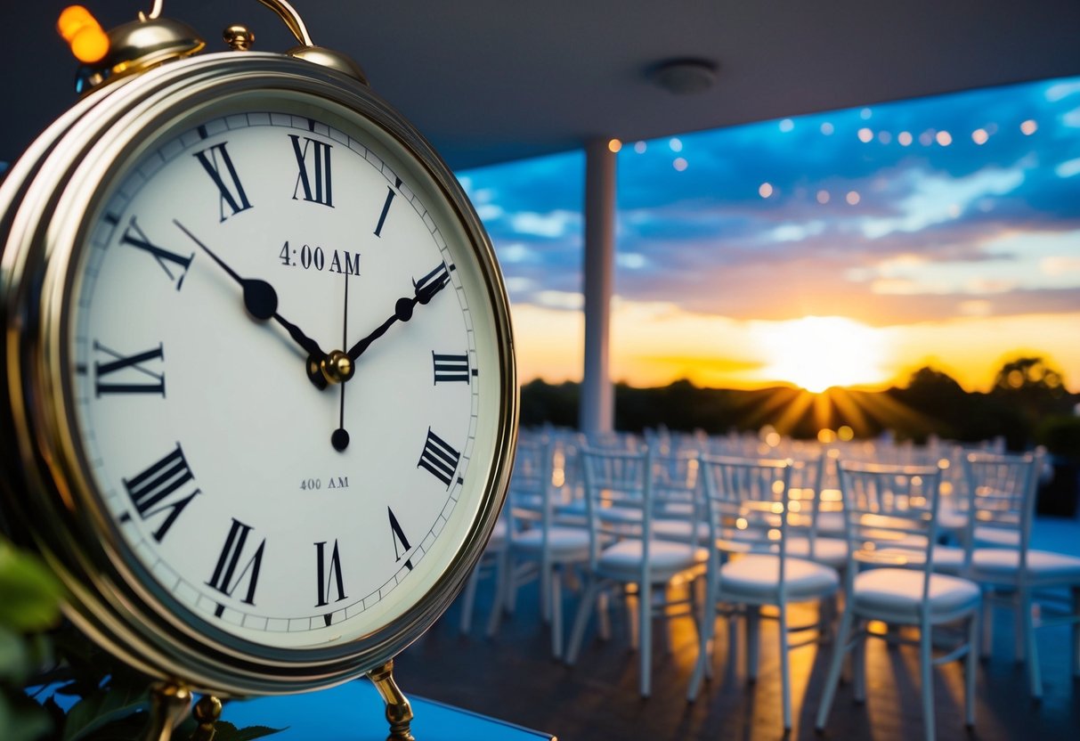 A clock showing 4:00 am with a sunrise in the background, a wedding venue with empty chairs and decorations being set up