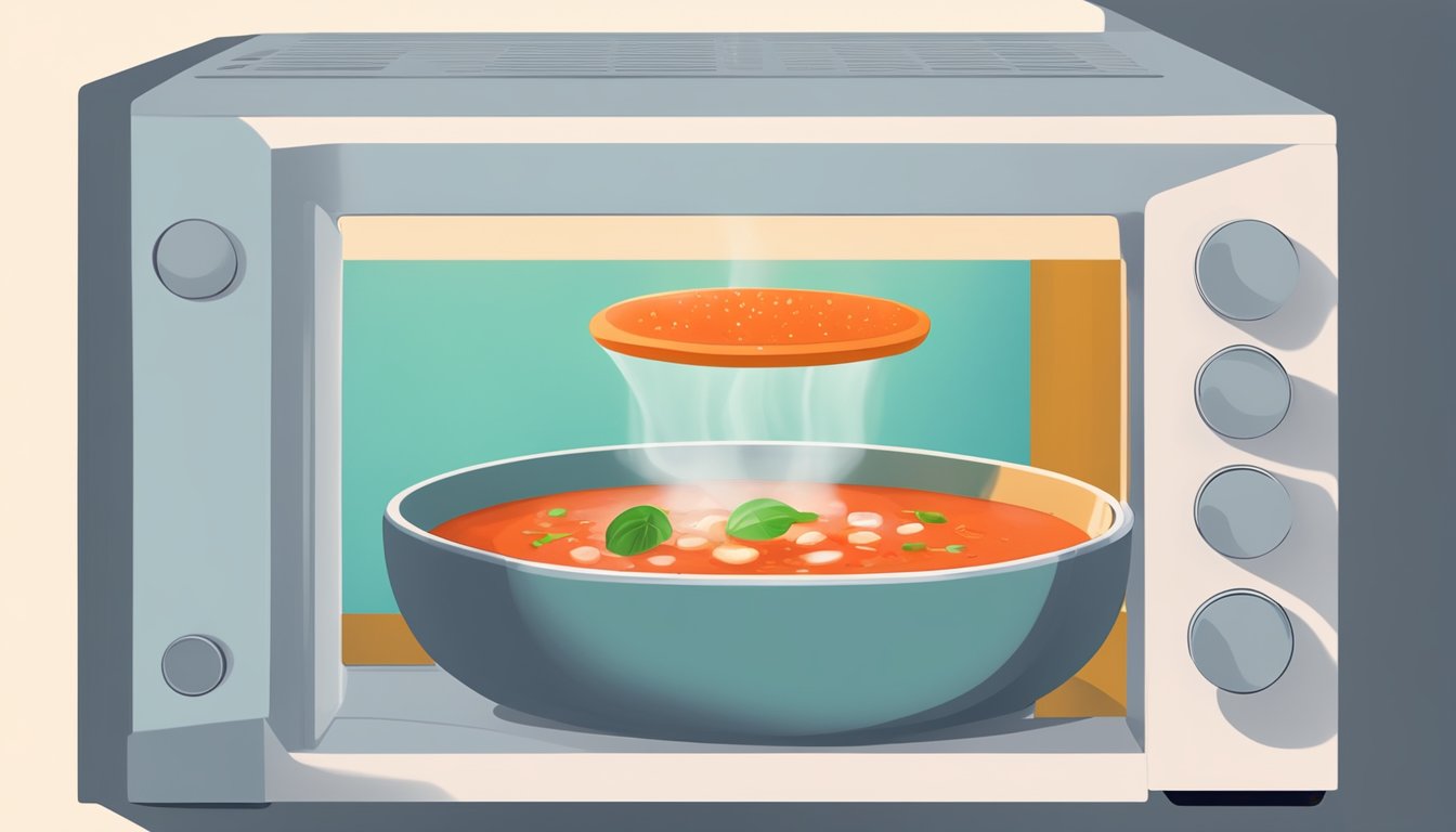 A bowl of gazpacho being gently heated in a microwave, steam rising from the surface, with a spoon resting on the side