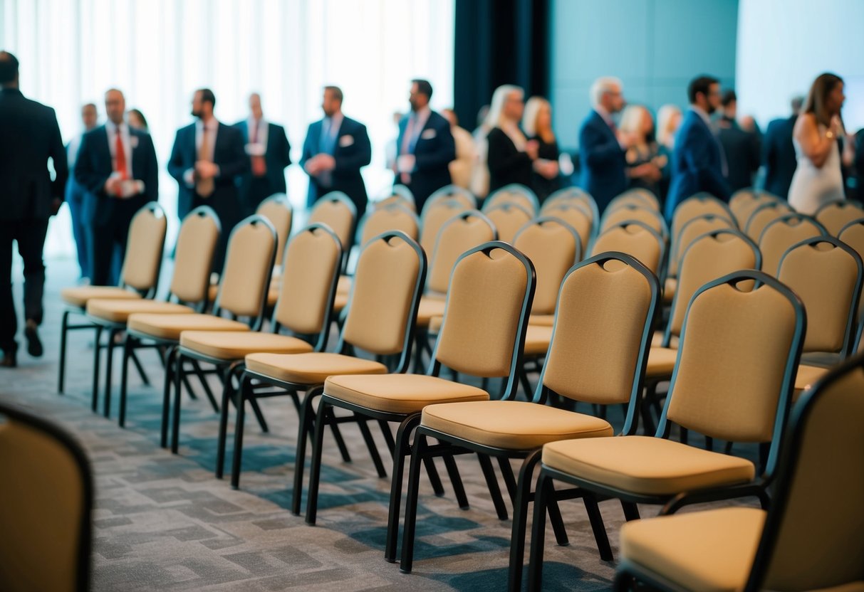 A row of empty chairs at an event, with only a few filled with attendees