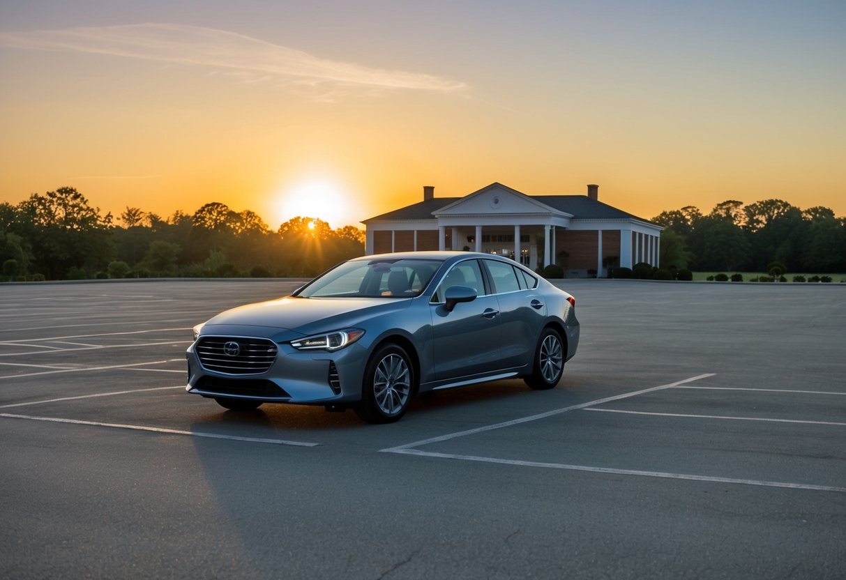 A car parked in an empty lot outside a grand reception hall, with the early morning sun just beginning to rise over the horizon