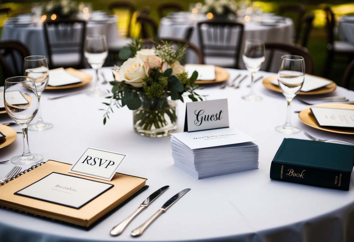 A table with empty and filled place settings, some with name cards, and a pile of RSVP cards next to a guest book