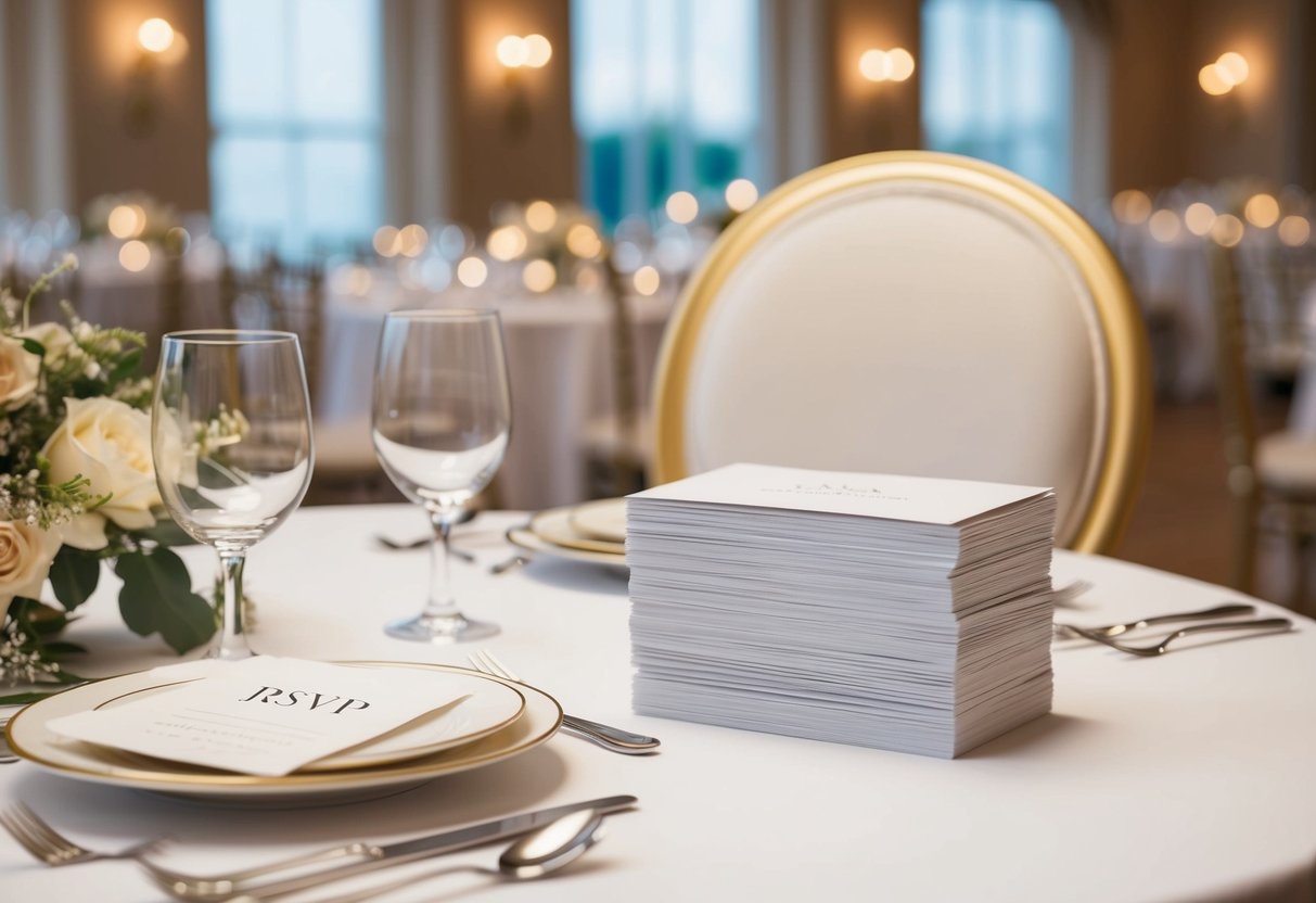 A beautifully decorated table with place settings and an empty chair. A stack of RSVP cards sits nearby, some filled out and others blank