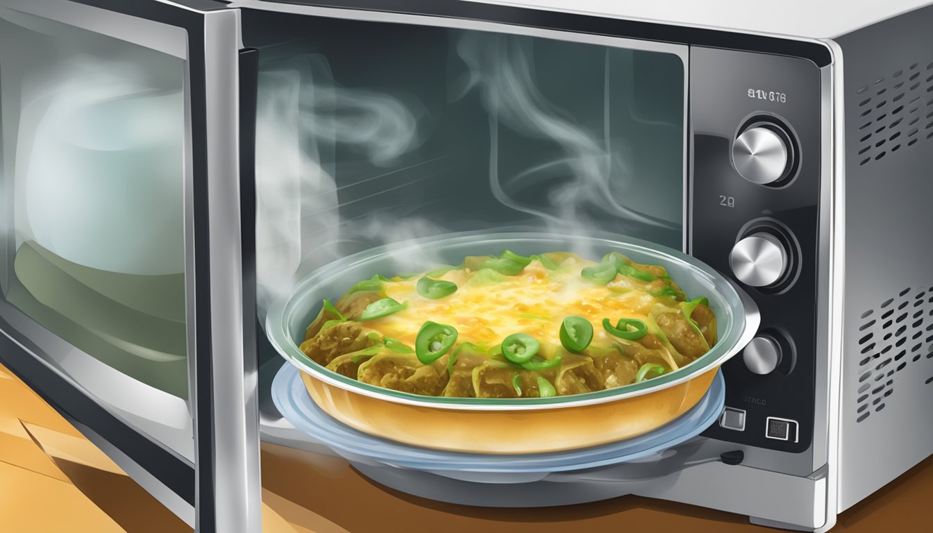 A plate of green chile chicken enchiladas being reheated in the microwave, steam rising from the dish as the aroma of spicy peppers fills the air