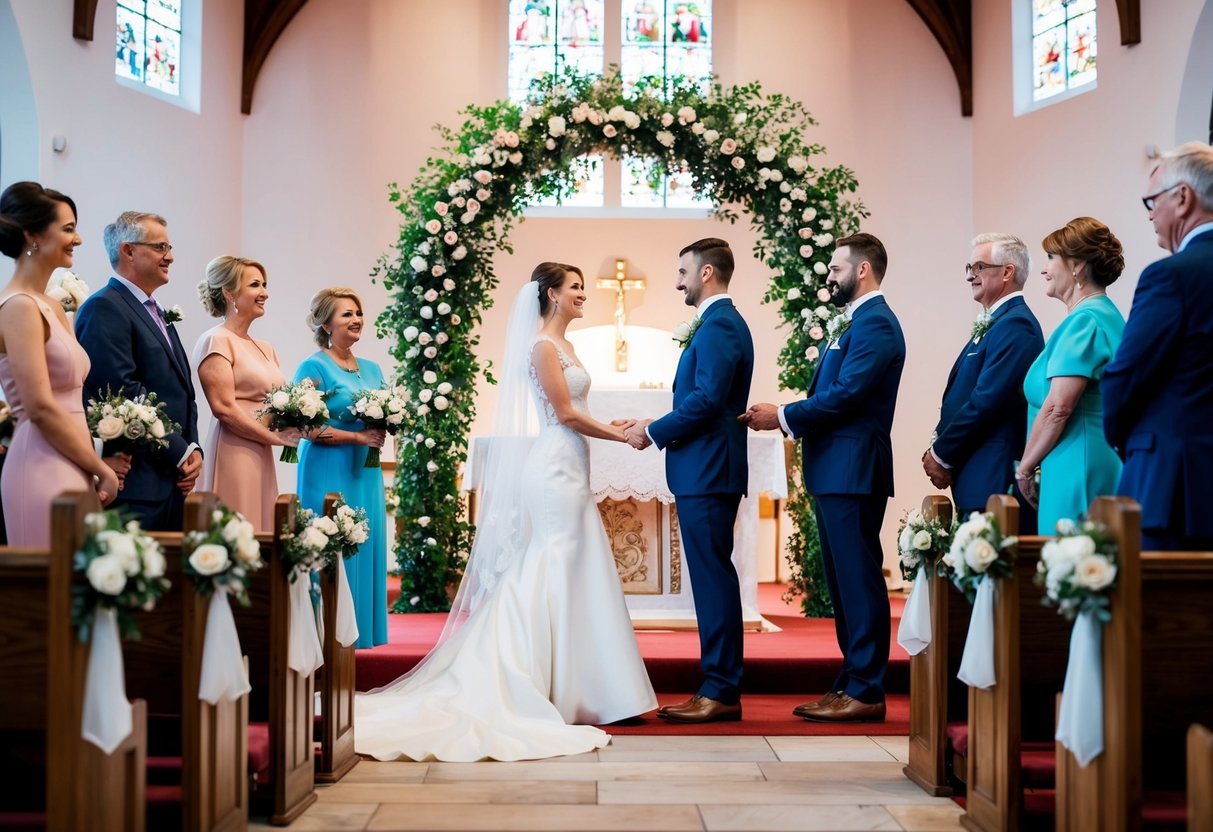 A bride and groom exchanging vows in a church, surrounded by family and friends. A floral arch adorns the altar as the couple stands hand-in-hand