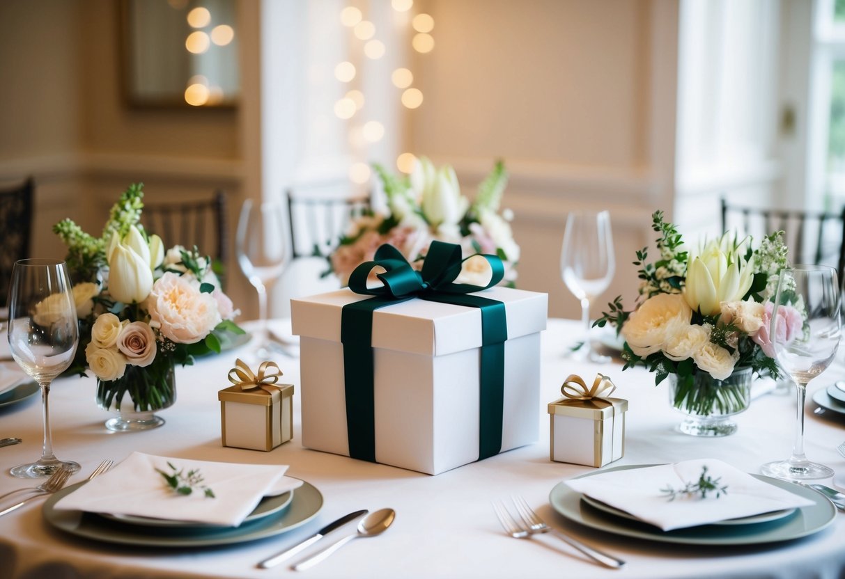 A table with a gift box and envelopes, surrounded by floral centerpieces and elegant place settings