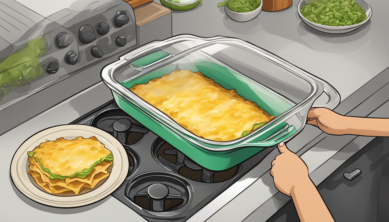 A baking dish of green chile chicken enchiladas being placed into a preheated oven