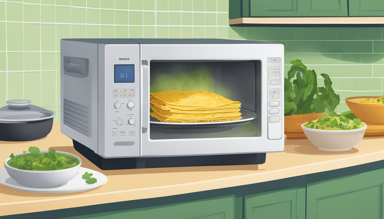 A microwave with a plate of green chile chicken enchiladas inside, steam rising as they reheat