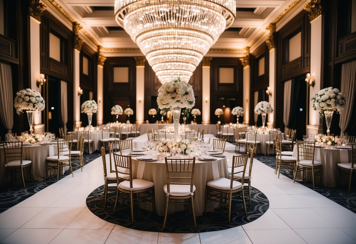 A grand, ornate wedding venue with twinkling lights, a dance floor, and elegant table settings for a formal evening celebration