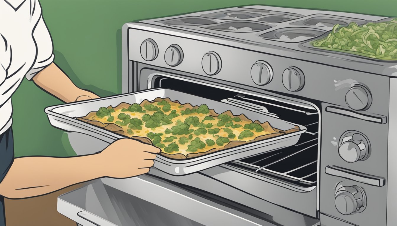 A person placing green chile chicken enchiladas in an oven, setting the temperature, and using a timer to ensure proper reheating