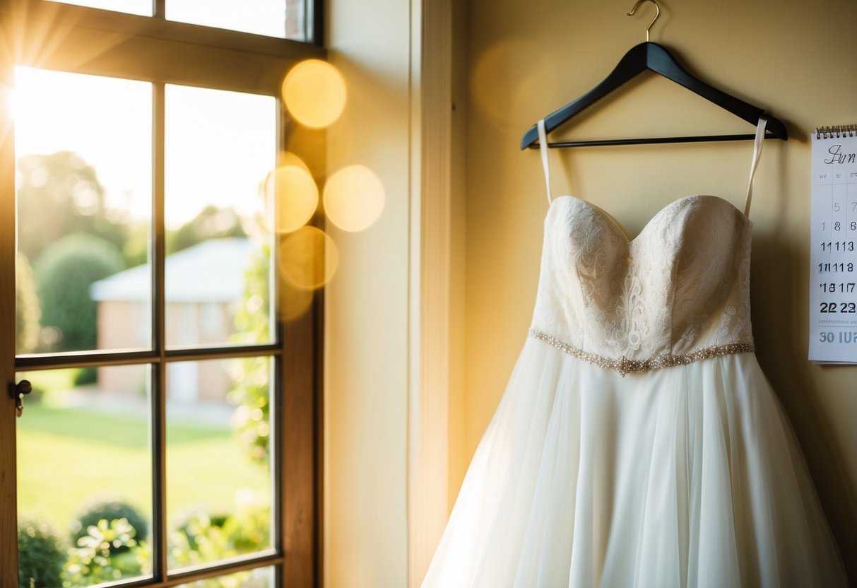 A wedding dress hanging in a sunlit room with a calendar showing the wedding date circled