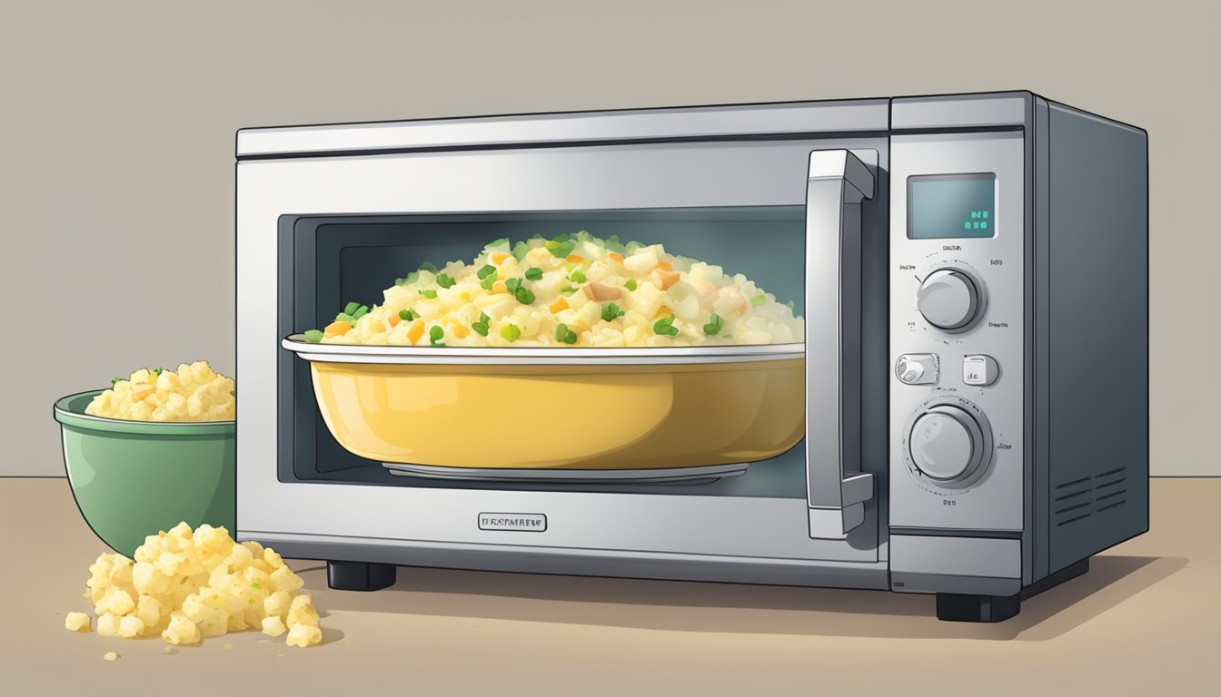 A microwave with a bowl of German potato salad inside, steam rising from the dish