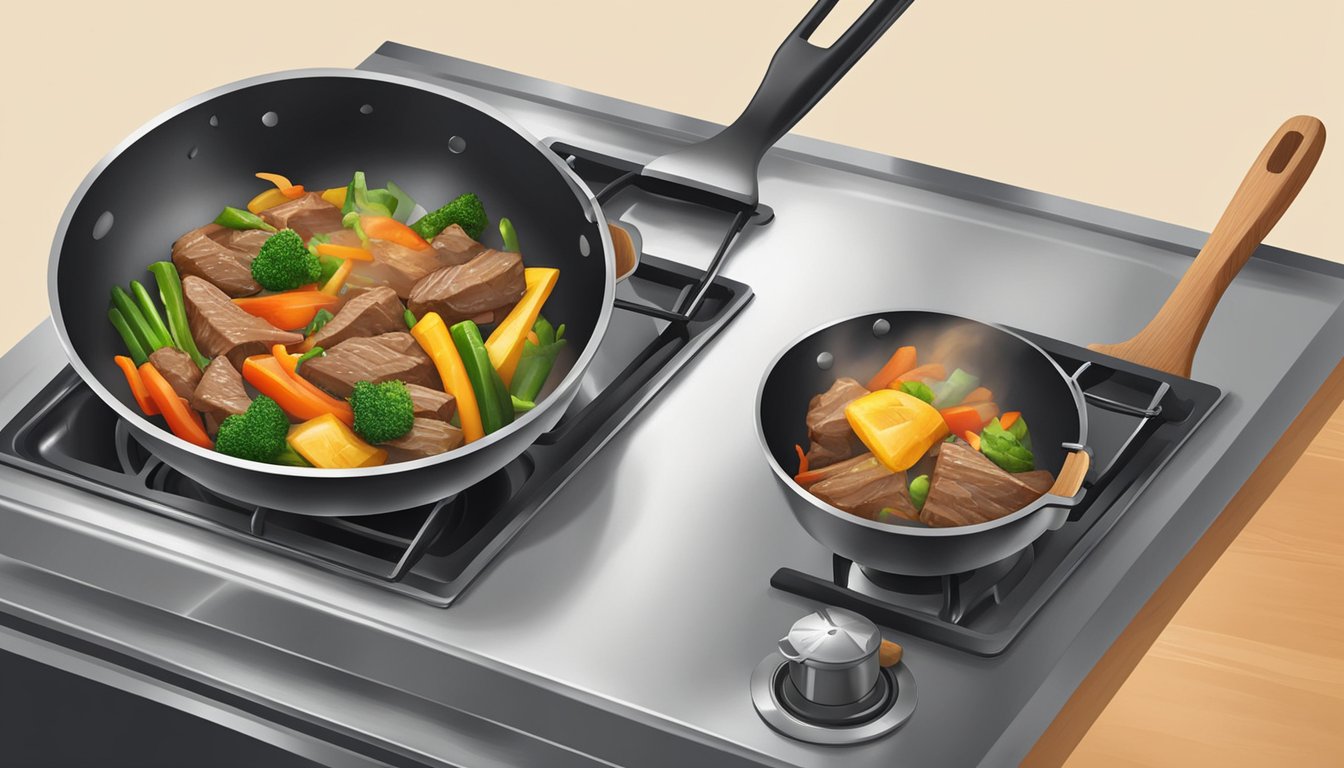 A sizzling stir fry pan on a stovetop, steam rising as the ginger beef is being reheated, with a wooden spatula flipping the ingredients