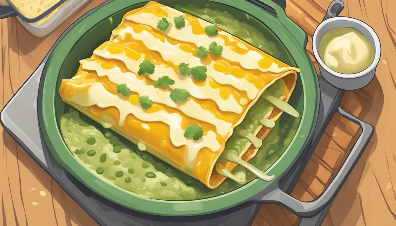 A plate of green chile chicken enchiladas being reheated in the oven, with bubbling cheese and sizzling sauce