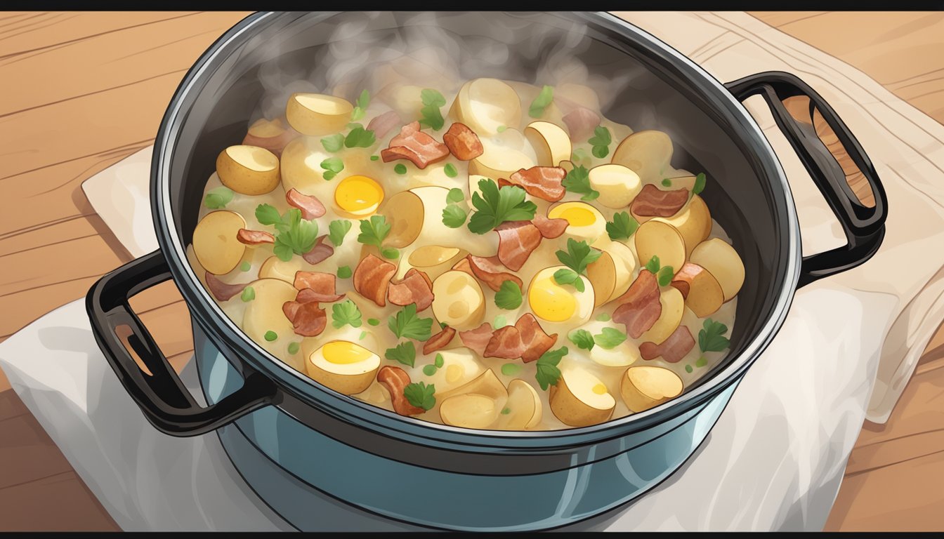 A steaming pot of german potato salad being gently reheated over a low flame, filling the air with the aroma of tangy vinegar and savory bacon