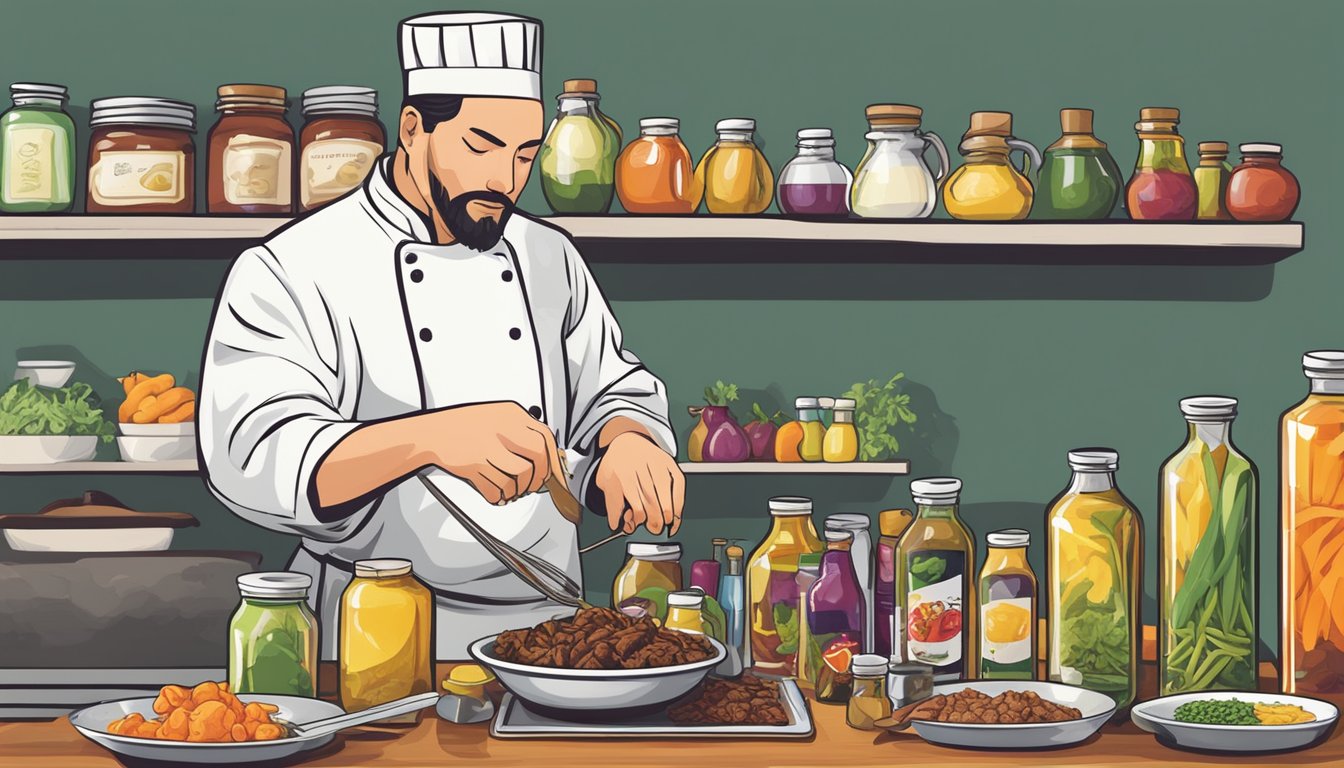 A chef selecting oils and condiments for reheating ginger beef stir fry