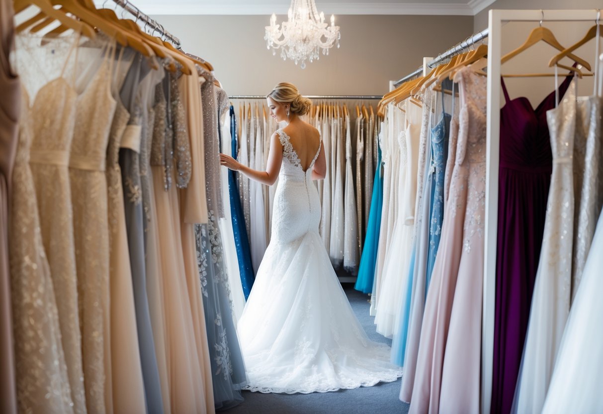 A bride-to-be carefully browsing through racks of wedding dresses in a bridal boutique, surrounded by beautiful gowns in various styles and designs
