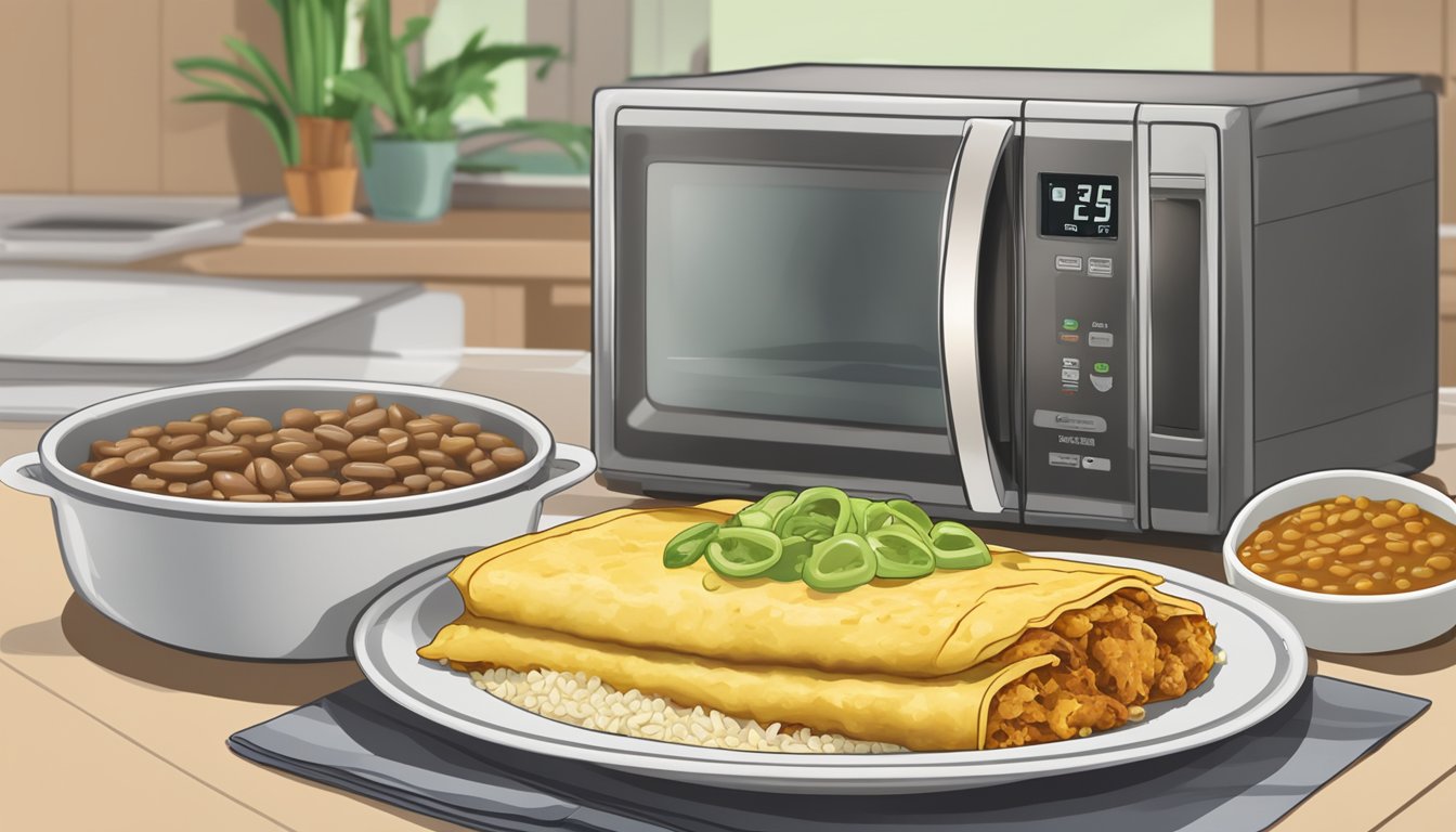 A plate of green chile chicken enchiladas with a side of rice and beans being reheated in the microwave