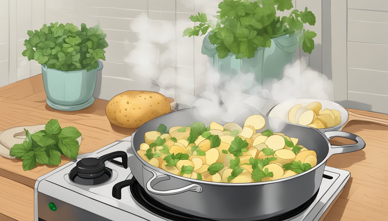 A steaming pot of german potato salad being gently reheated on a stovetop, with a sprig of fresh herbs nearby for garnish