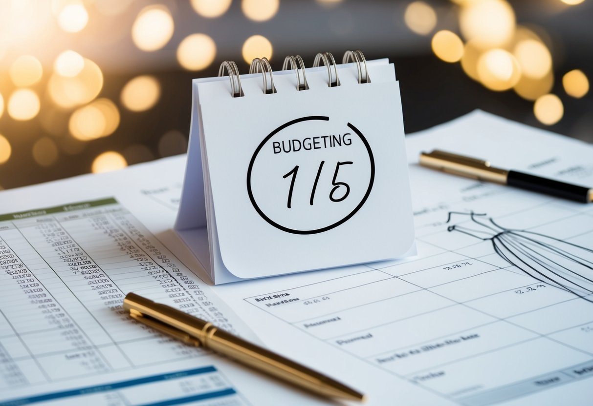 A calendar with wedding date circled, surrounded by budgeting spreadsheets and a bridal dress sketch