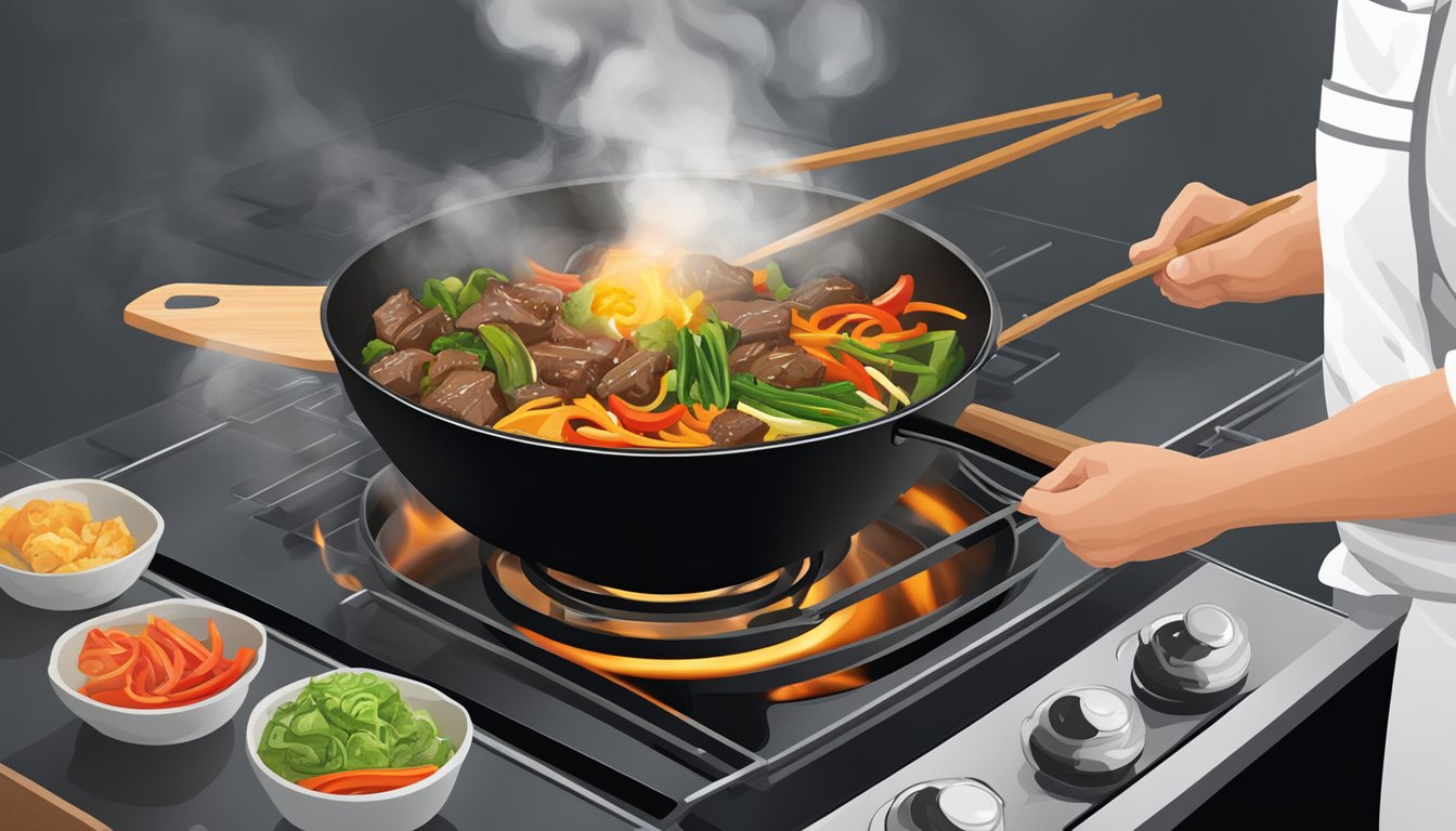 A sizzling wok on a stovetop, emitting steam as ginger beef stir fry is being reheated, with a chef's spatula tossing the ingredients together