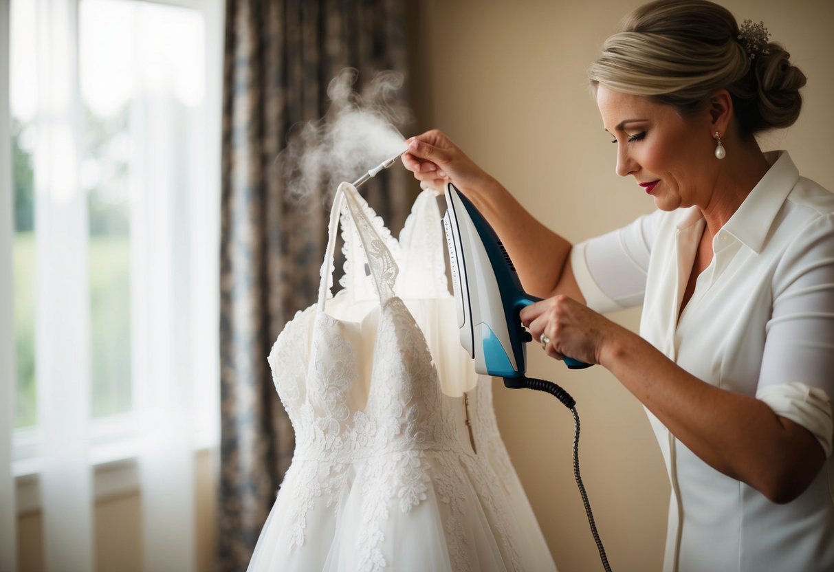 A seamstress carefully steams and irons the delicate lace of a wedding gown, making sure every detail is flawless before the big day
