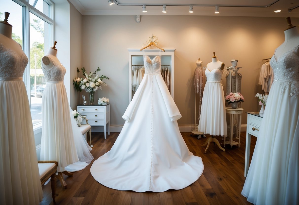 A bride's dress arriving in a bridal boutique, surrounded by mannequins and wedding accessories