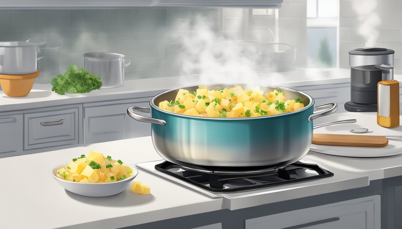 A steaming bowl of german potato salad being gently reheated on a stovetop, with the zesty aroma wafting through the kitchen