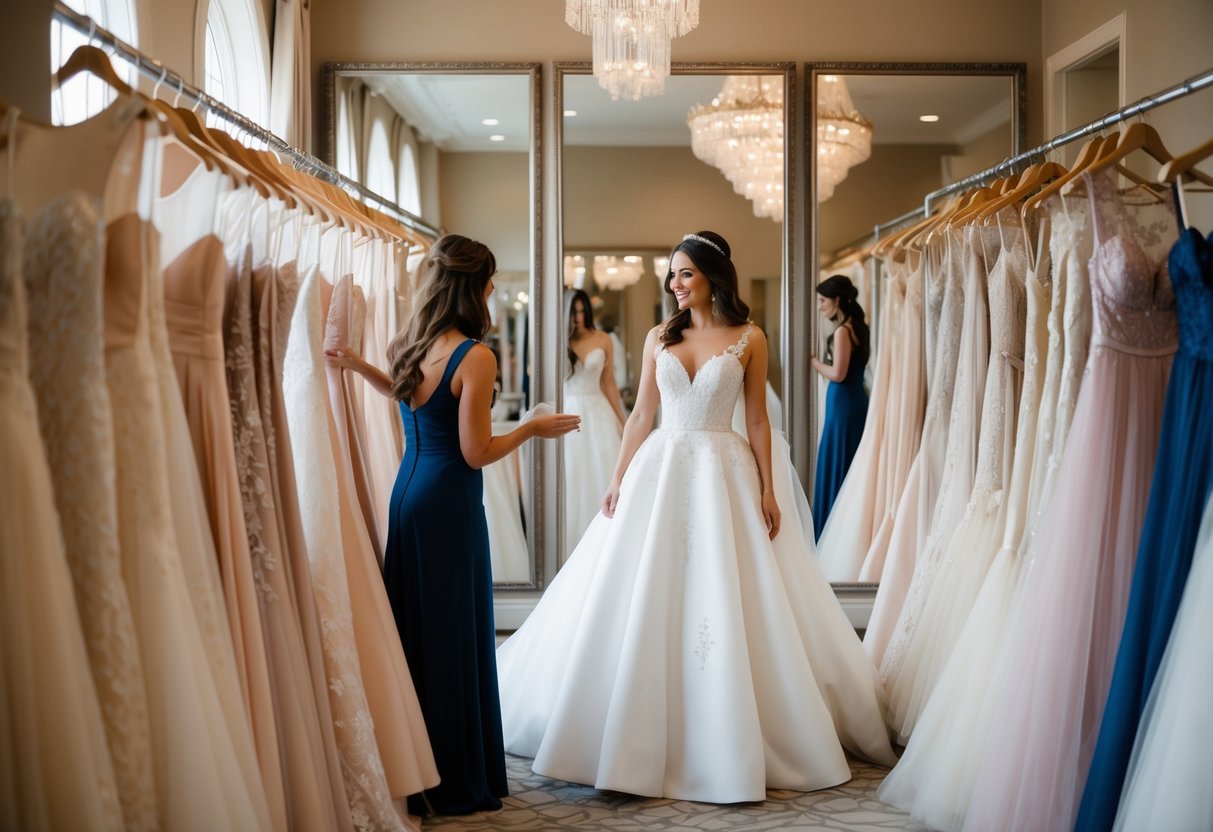 A bride-to-be stands in front of a row of elegant wedding gowns, surrounded by mirrors and soft lighting, as she consults with a stylist about the perfect dress for her big day
